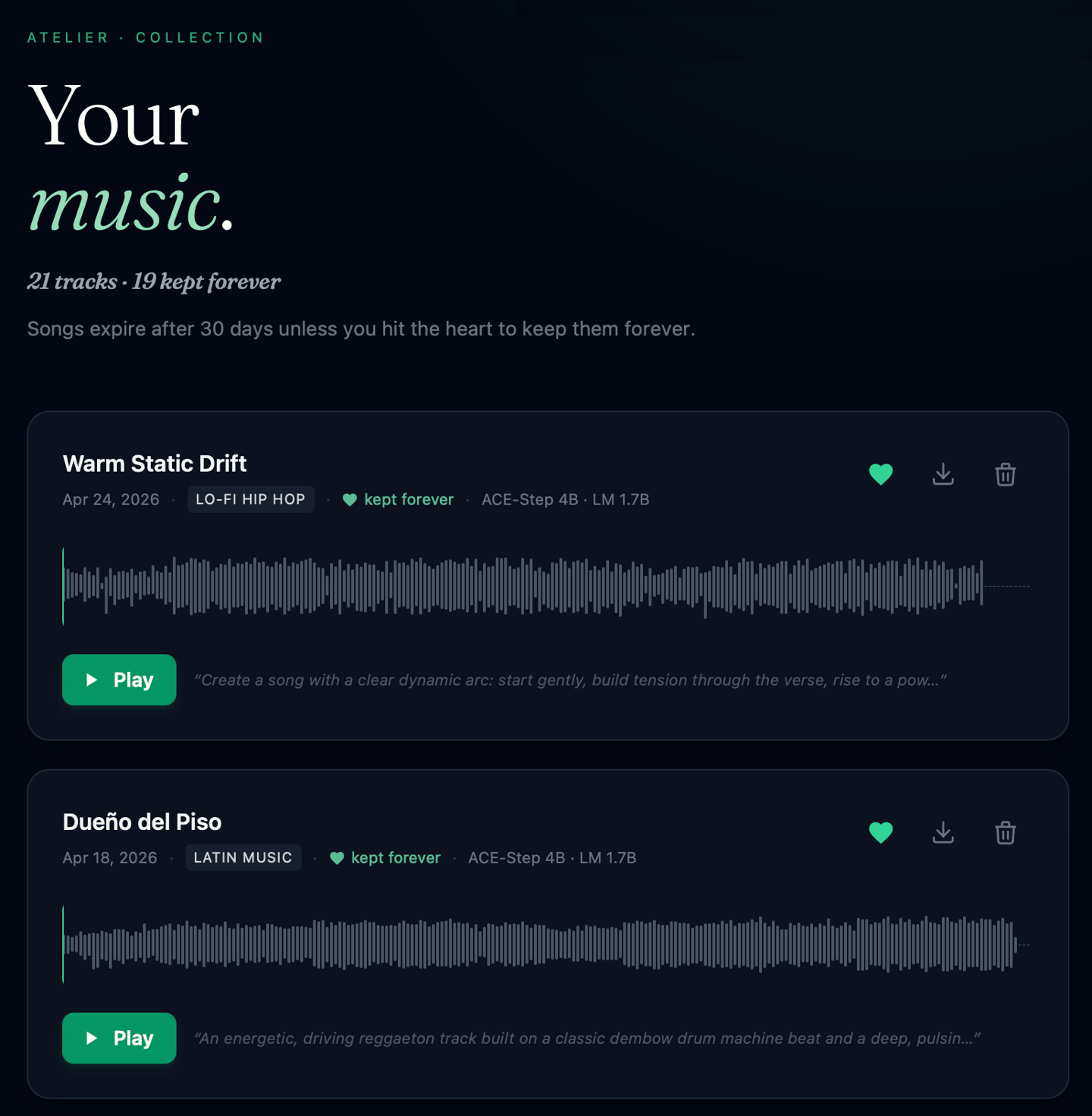 Screenshot of the SoundMuse song library, each track showing its model-version tag